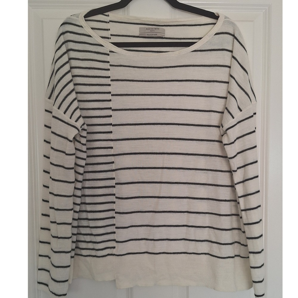 AllSaints Stripe Asymmetrical Merino Alpaca Blend Italian Yarn Sweater Small